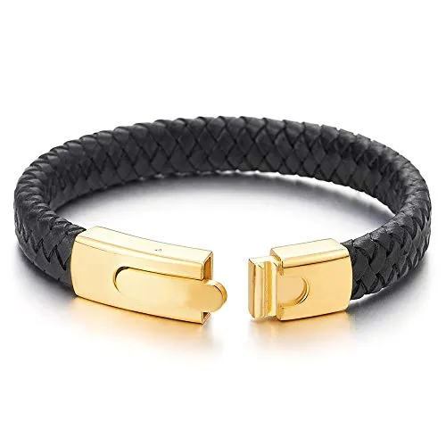 Unisex Men Womens Black Braided Leather Bracelet Bangle Wristband with Gold Color Steel Spring Clasp