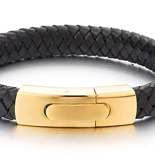 Unisex Men Womens Black Braided Leather Bracelet Bangle Wristband with Gold Color Steel Spring Clasp