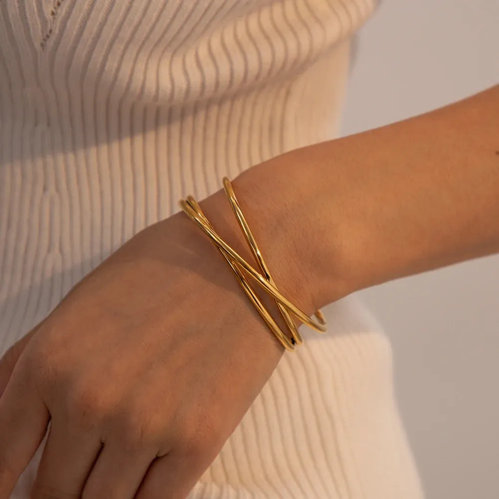 VAIGE Glossy Thin Cuff Bracelet in 18K Gold Plated Stainless Steel with Interlaced Design - Trendy Charm Jewelry Gift