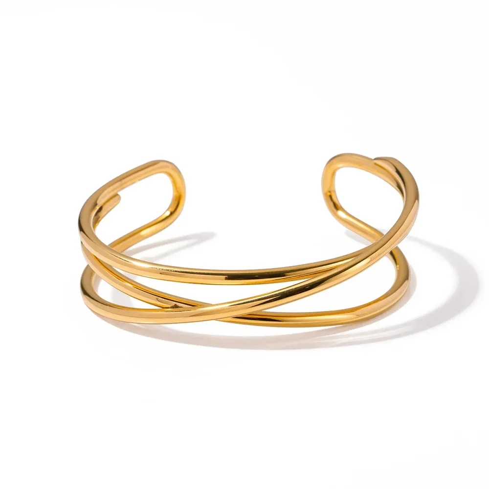 VAIGE Glossy Thin Cuff Bracelet in 18K Gold Plated Stainless Steel with Interlaced Design - Trendy Charm Jewelry Gift