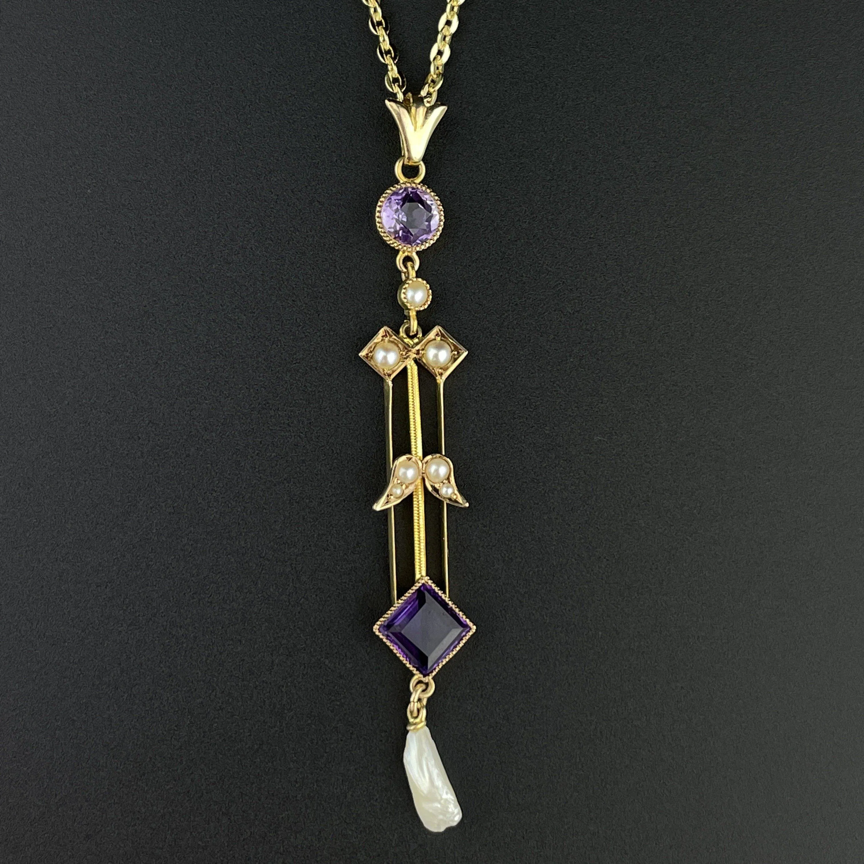 Vintage Art Nouveau Gold Amethyst Pearl Lavaliere Pendant Necklace