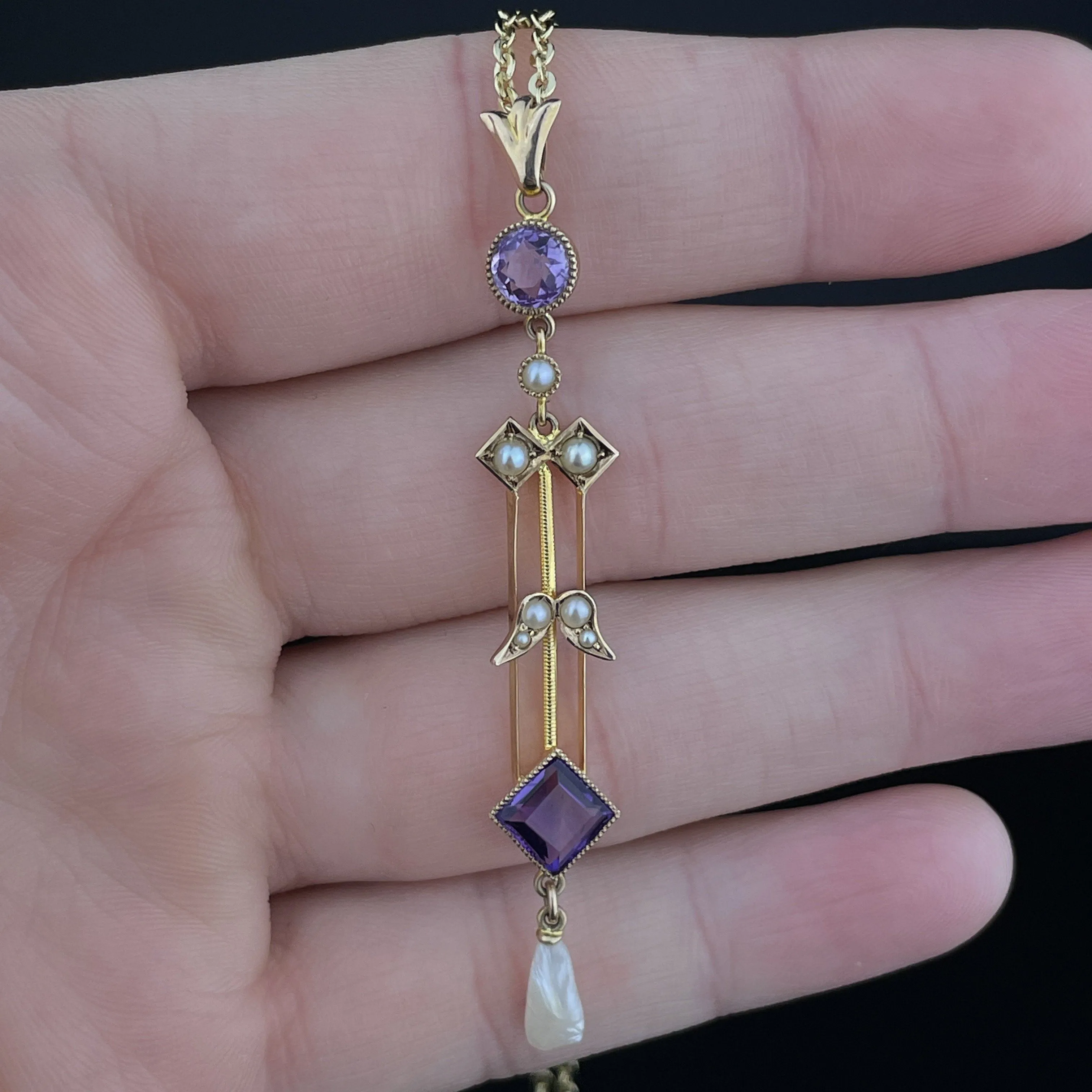 Vintage Art Nouveau Gold Amethyst Pearl Lavaliere Pendant Necklace