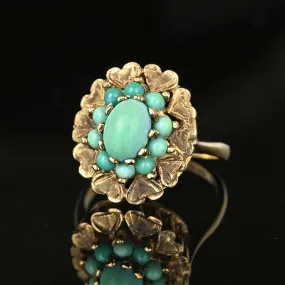 Vintage Gold Engraved Heart Turquoise Cluster Ring