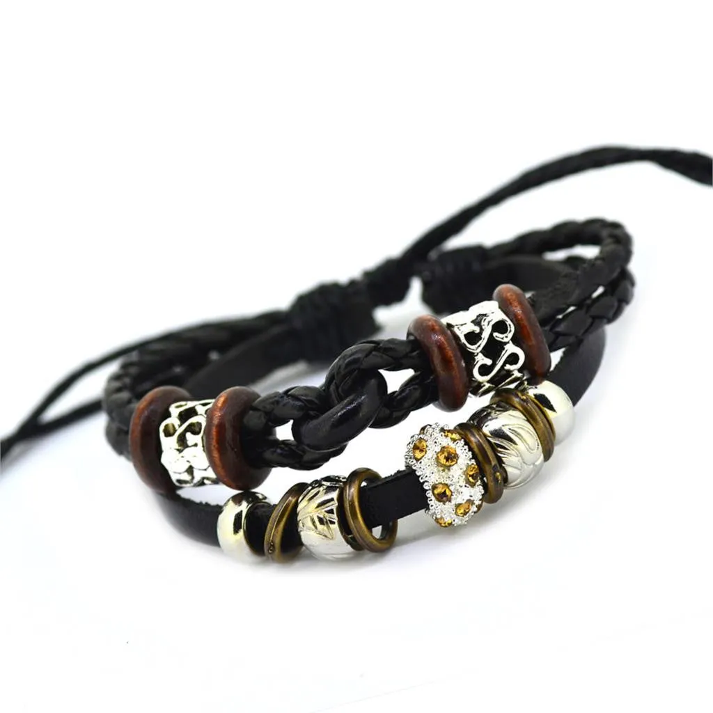 Vintage Retro Handmade Bohemia Wooden beads Adjustable Leather Bracelet For Women Men Unisex Jewelry Star Silver Bracelet Bangle