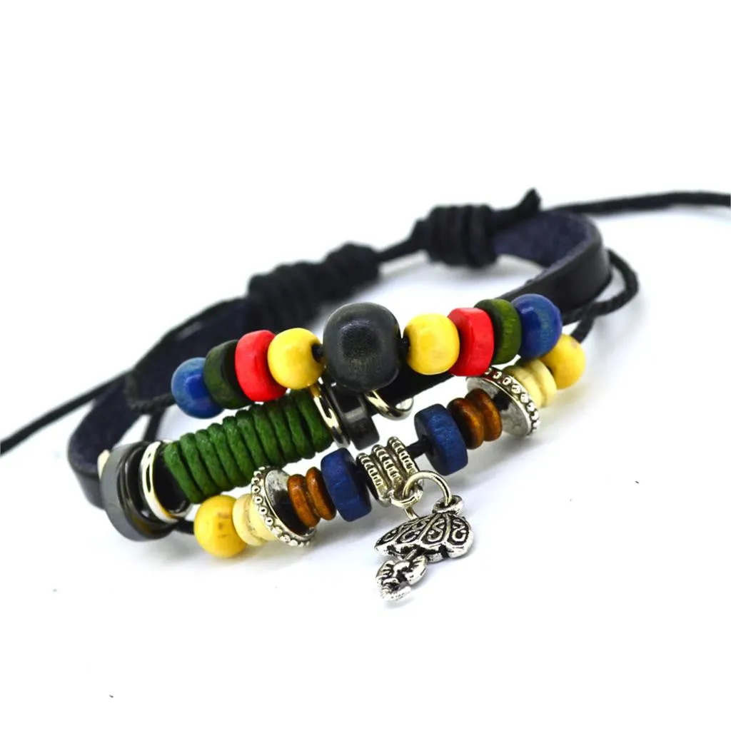 Vintage Retro Handmade Bohemia Wooden beads Adjustable Leather Bracelet For Women Men Unisex Jewelry Star Silver Bracelet Bangle