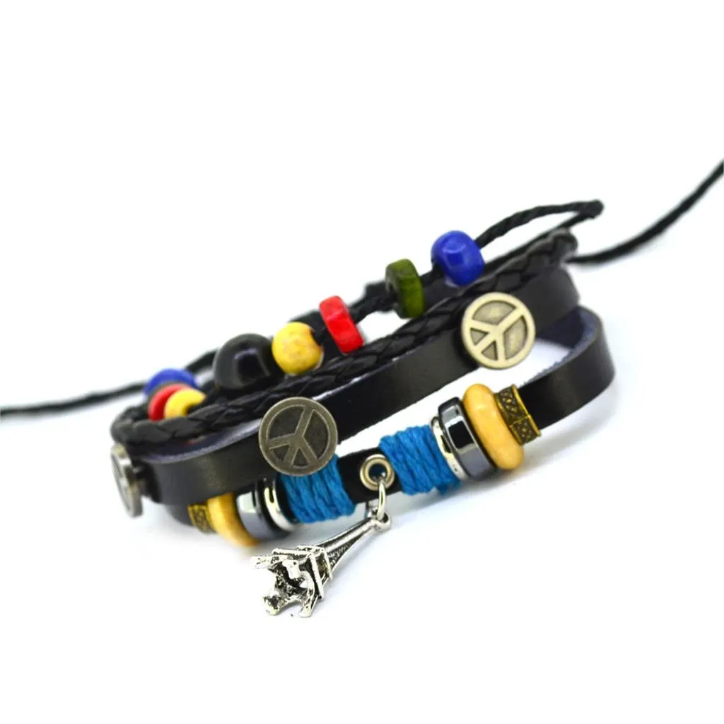 Vintage Retro Handmade Bohemia Wooden beads Adjustable Leather Bracelet For Women Men Unisex Jewelry Star Silver Bracelet Bangle