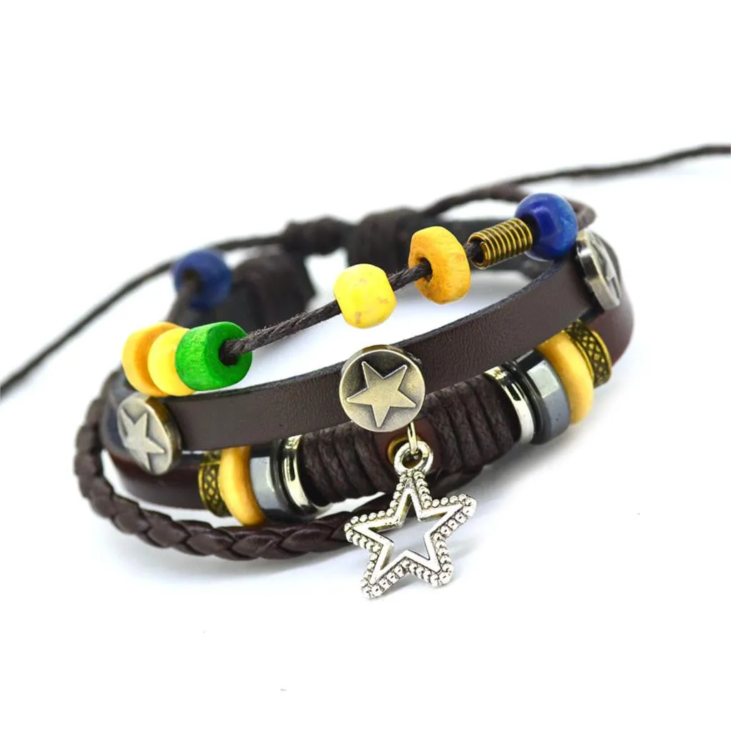 Vintage Retro Handmade Bohemia Wooden beads Adjustable Leather Bracelet For Women Men Unisex Jewelry Star Silver Bracelet Bangle