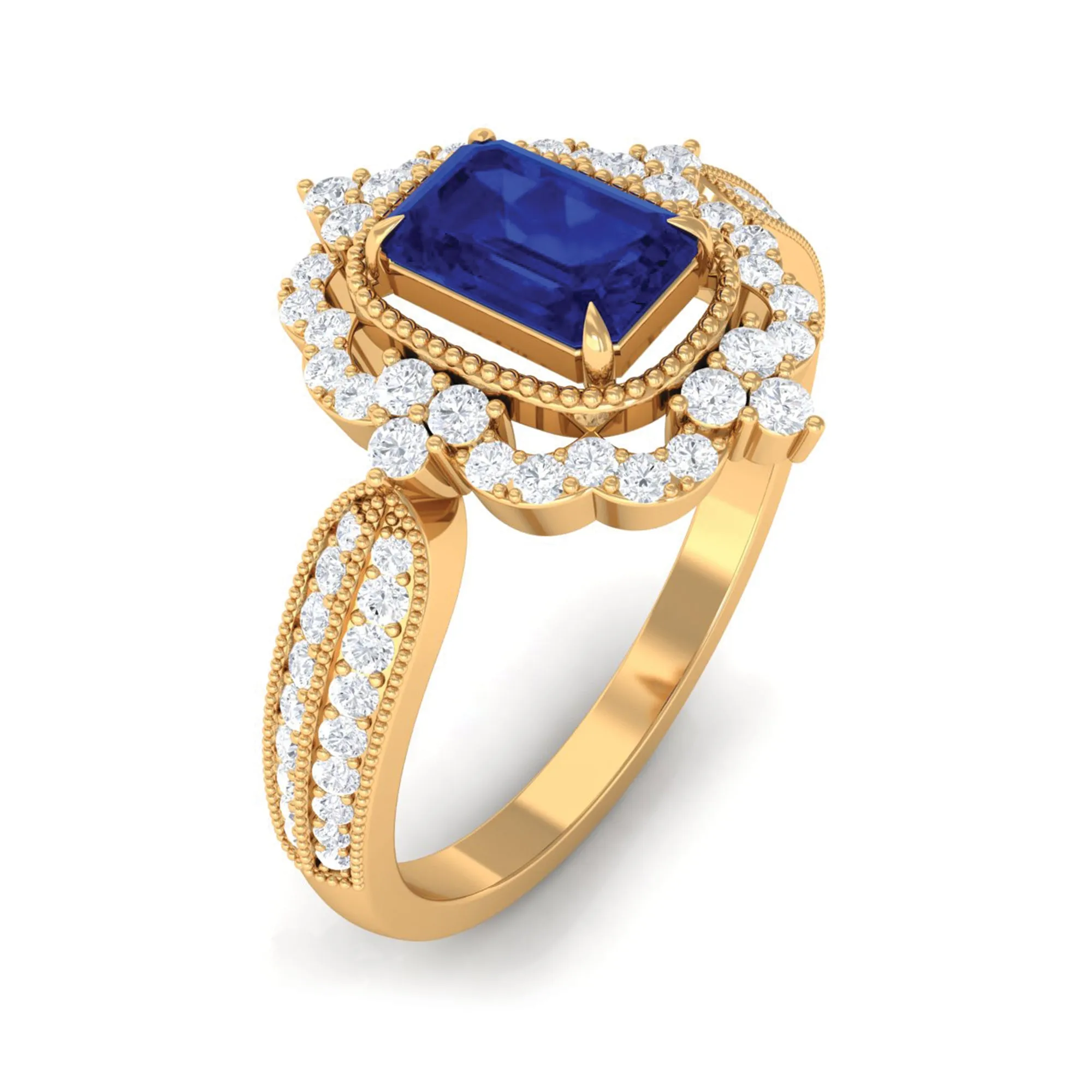 Vintage Style Created Blue Sapphire Engagement Ring with Diamond Floral Halo