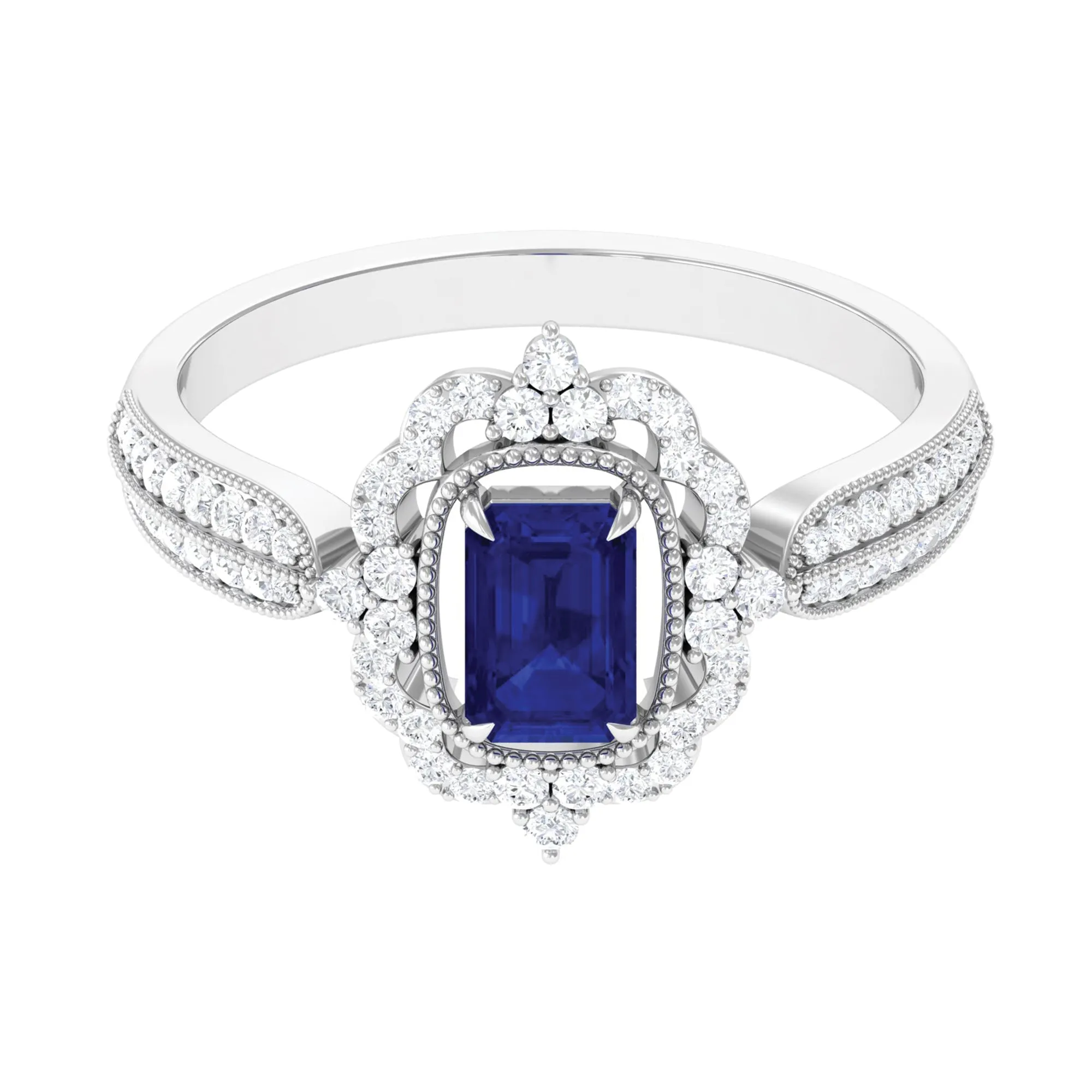 Vintage Style Created Blue Sapphire Engagement Ring with Diamond Floral Halo