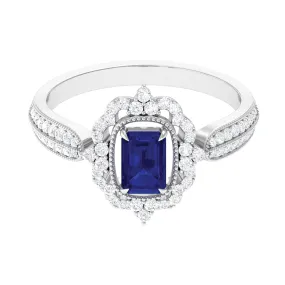 Vintage Style Created Blue Sapphire Engagement Ring with Diamond Floral Halo