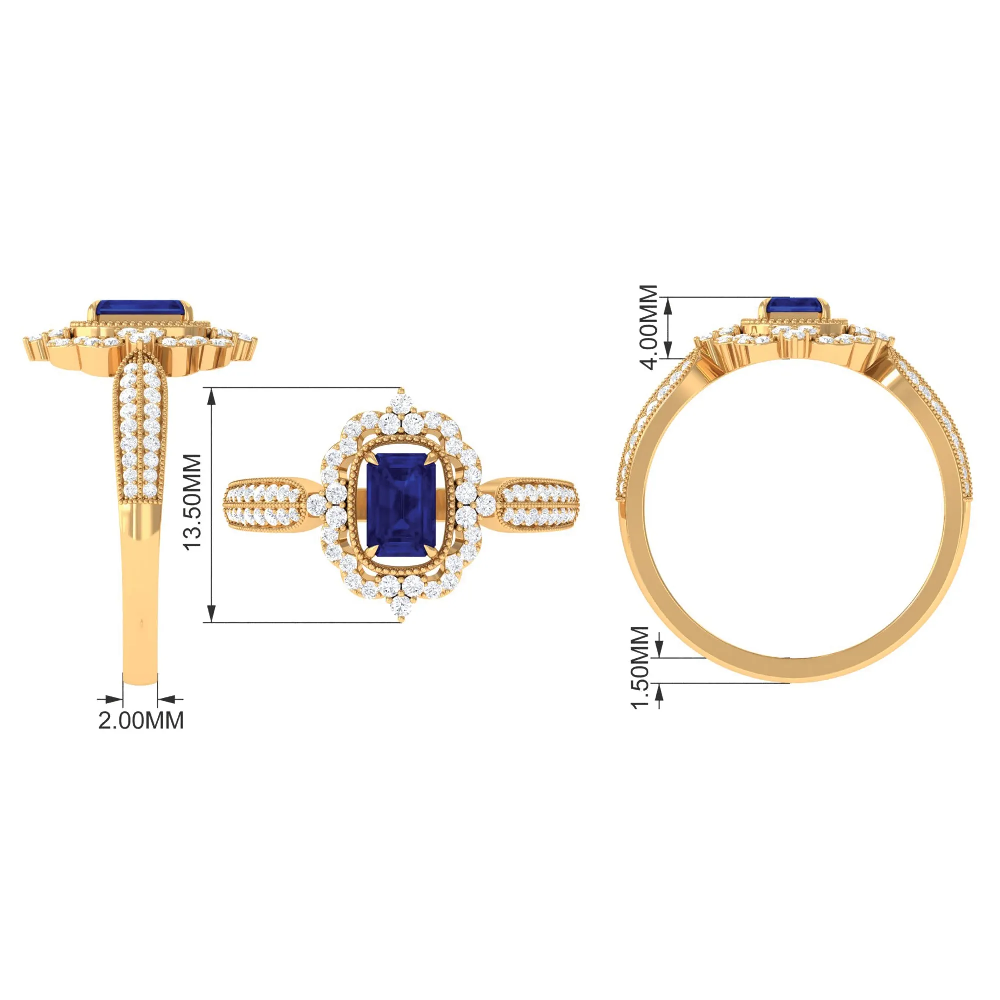 Vintage Style Created Blue Sapphire Engagement Ring with Diamond Floral Halo