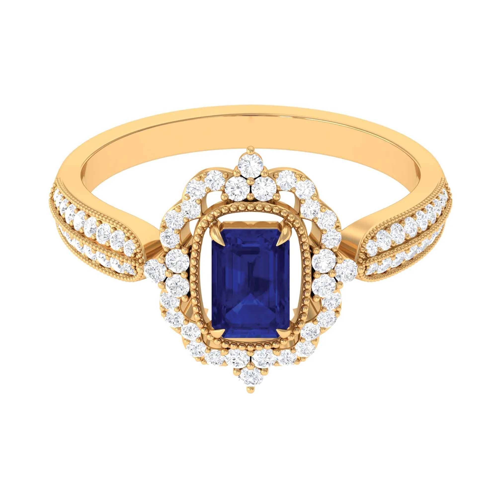 Vintage Style Created Blue Sapphire Engagement Ring with Diamond Floral Halo