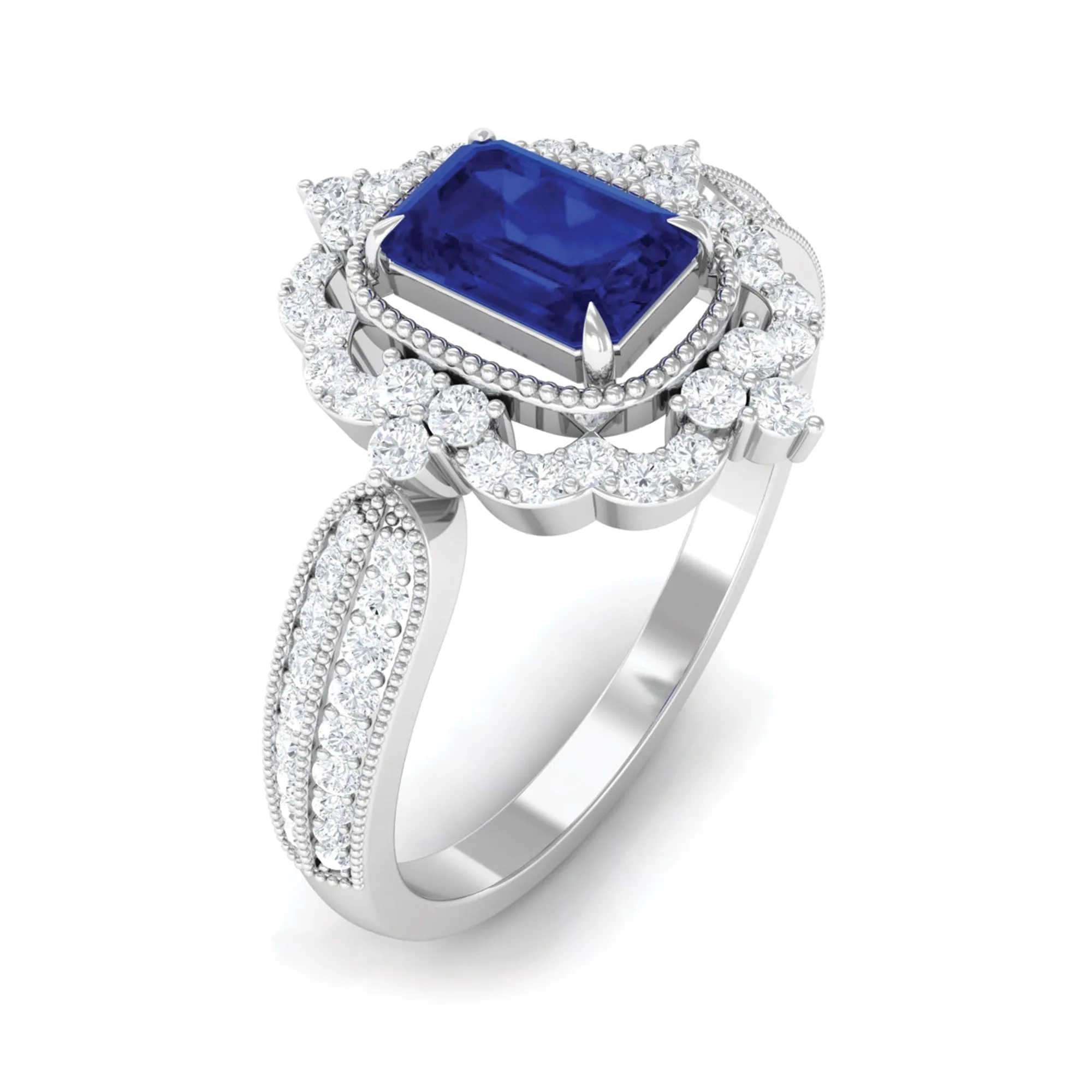 Vintage Style Created Blue Sapphire Engagement Ring with Diamond Floral Halo