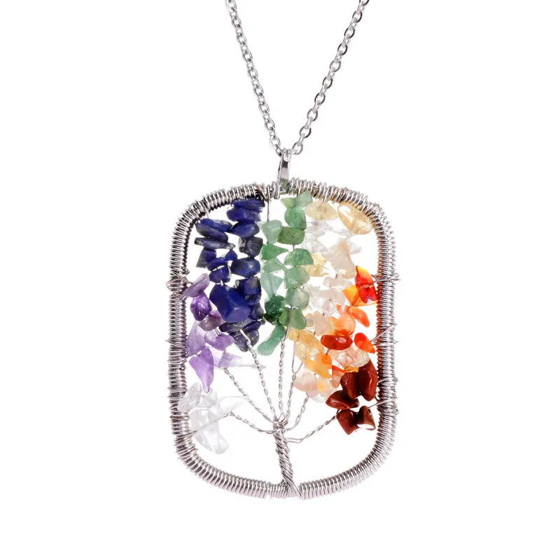 Women Rainbow 7 Chakra Amethyst Tree Of Life Quartz Chips Pendant Necklace Multicolor Wisdom Tree Natural Stone Necklace