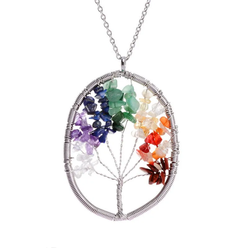 Women Rainbow 7 Chakra Amethyst Tree Of Life Quartz Chips Pendant Necklace Multicolor Wisdom Tree Natural Stone Necklace